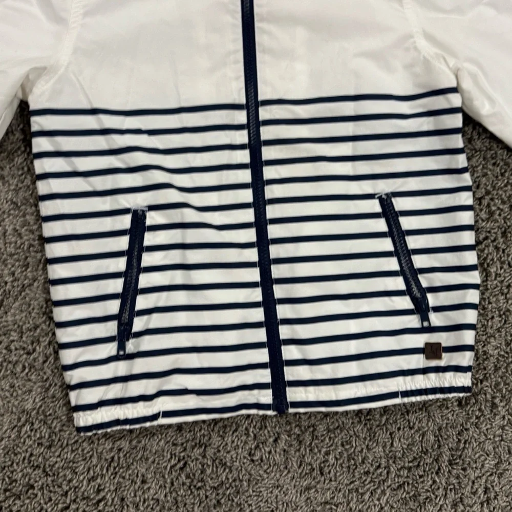 Janie and Jack white and navy blue Hooded Jacket, size 7-8